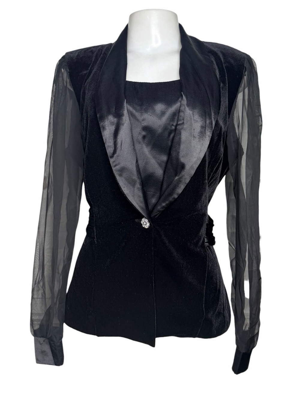 VTG 80s Black Velvet Tuxedo Blazer Sheer Sleeve Satin Formal Jacket M USA